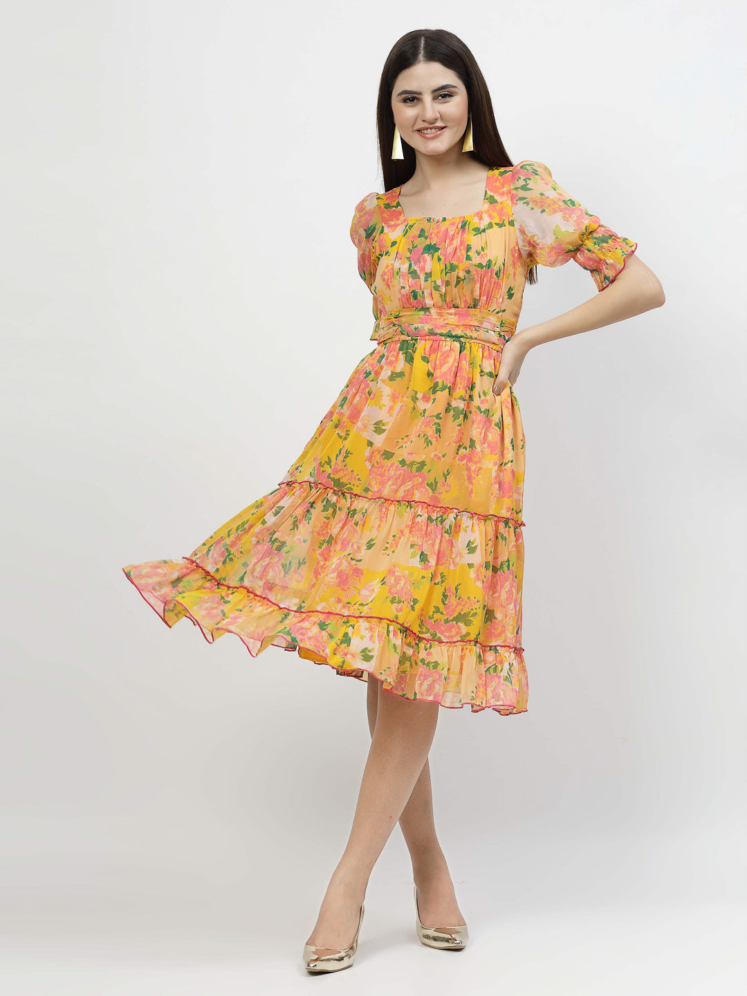 Floral Printed Chiffon Women's Tiered Dress - Cosmic Trio