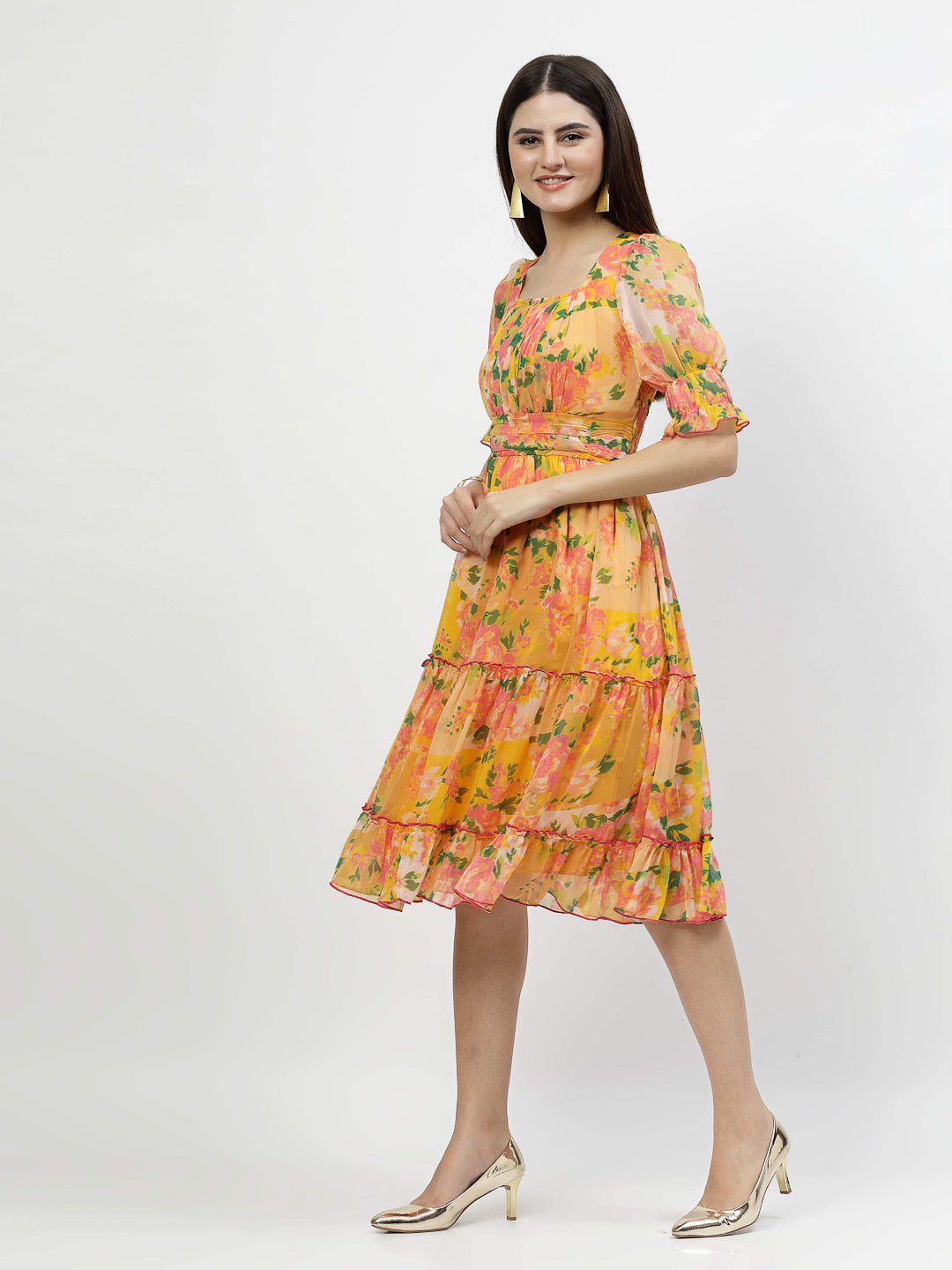 Floral Printed Chiffon Women's Tiered Dress - Cosmic Trio