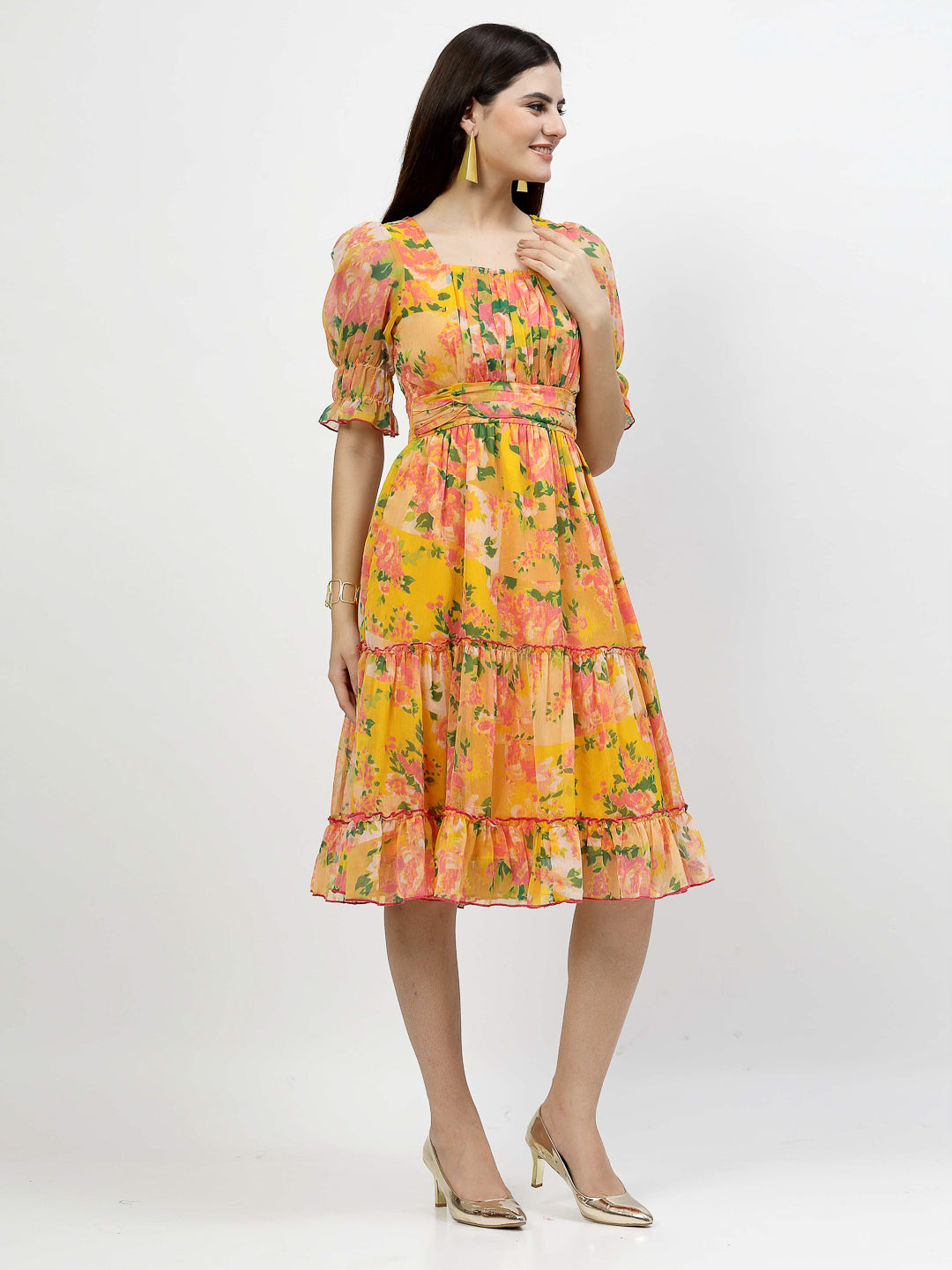 Floral Printed Chiffon Women's Tiered Dress - Cosmic Trio