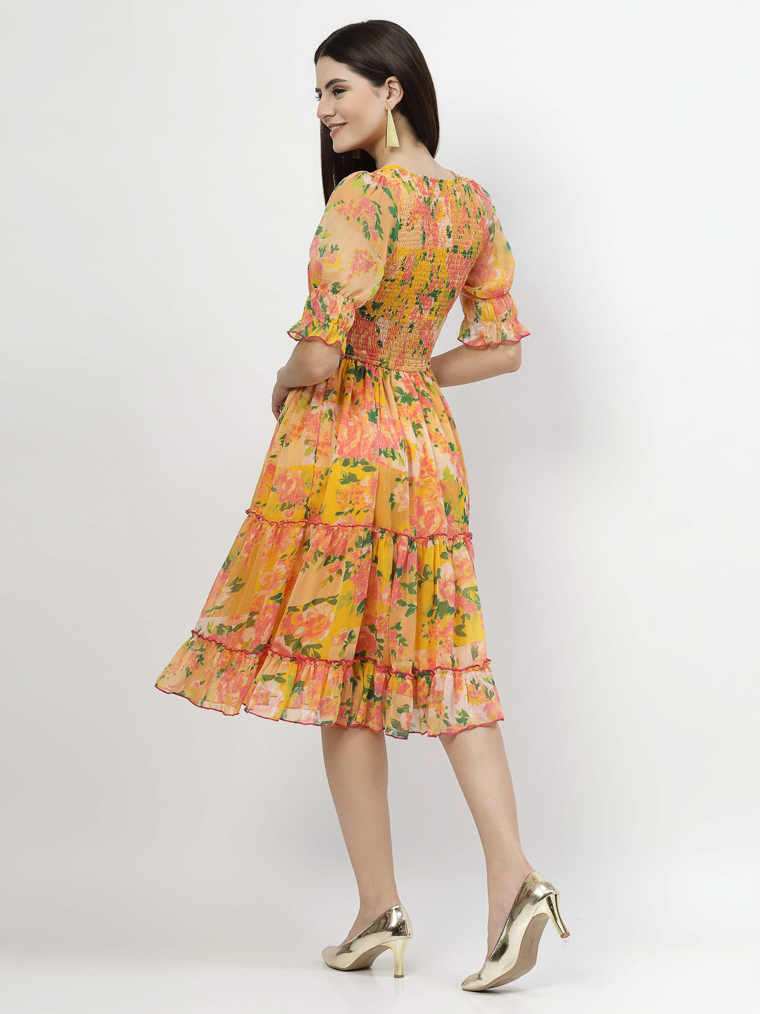 Floral Printed Chiffon Women's Tiered Dress - Cosmic Trio