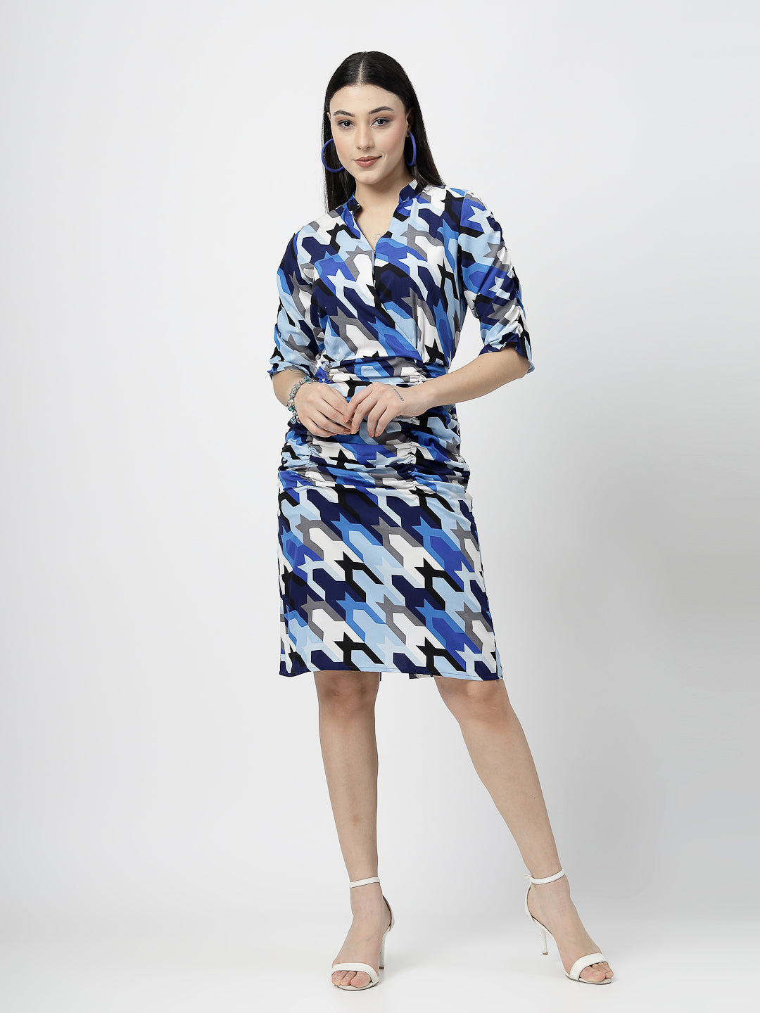 Stylish & Comfortable Women’s Knee-Length Multi-Printed Short Dress with Waist Rushing - Cosmic Trio