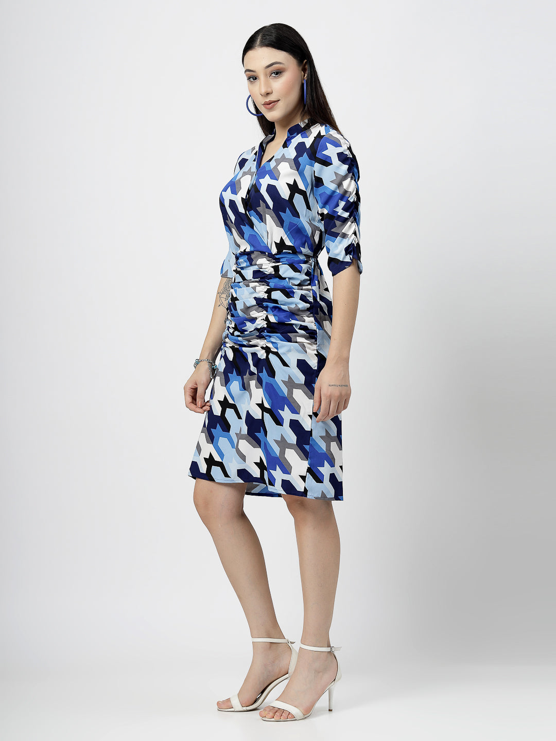 Stylish & Comfortable Women’s Knee-Length Multi-Printed Short Dress with Waist Rushing - Cosmic Trio