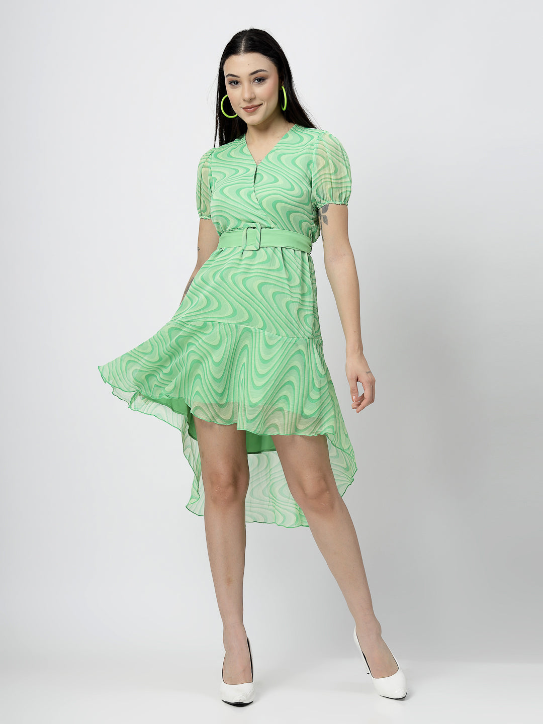 V-Neck High Low Light Green Short Dress - Cosmic Trio