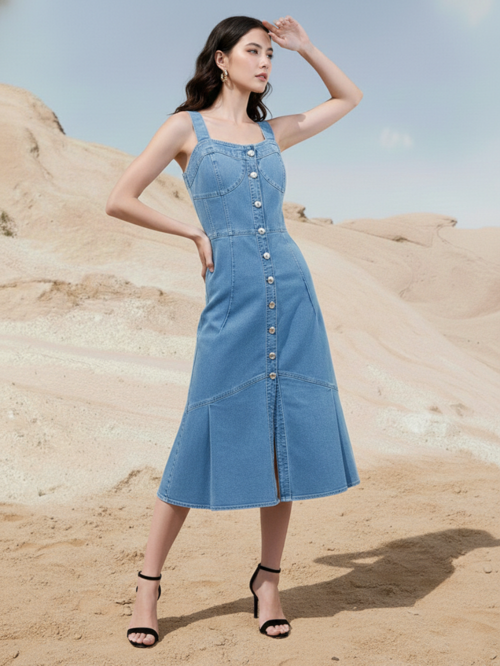 Blue Denim Fit & Flare Long Dress for Women
