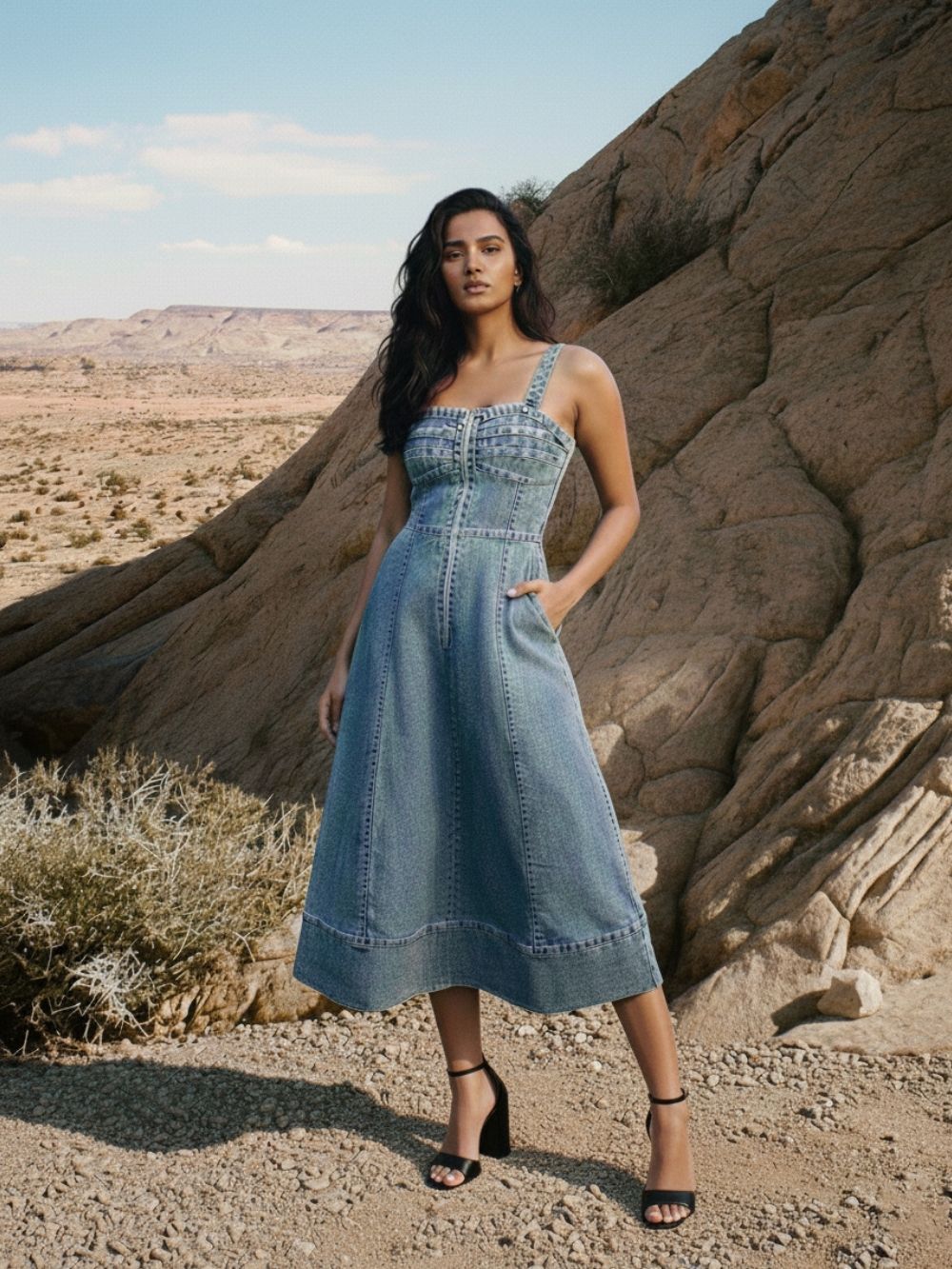 Blue Denim A-Line Dress with Square Neckline | Smart Casual Wear