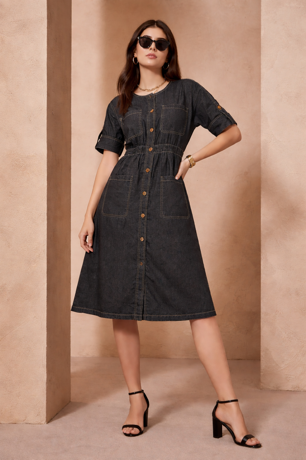 knee length dresses for ladies Grey Denim Shirt Dress for Women with A-Line Fit