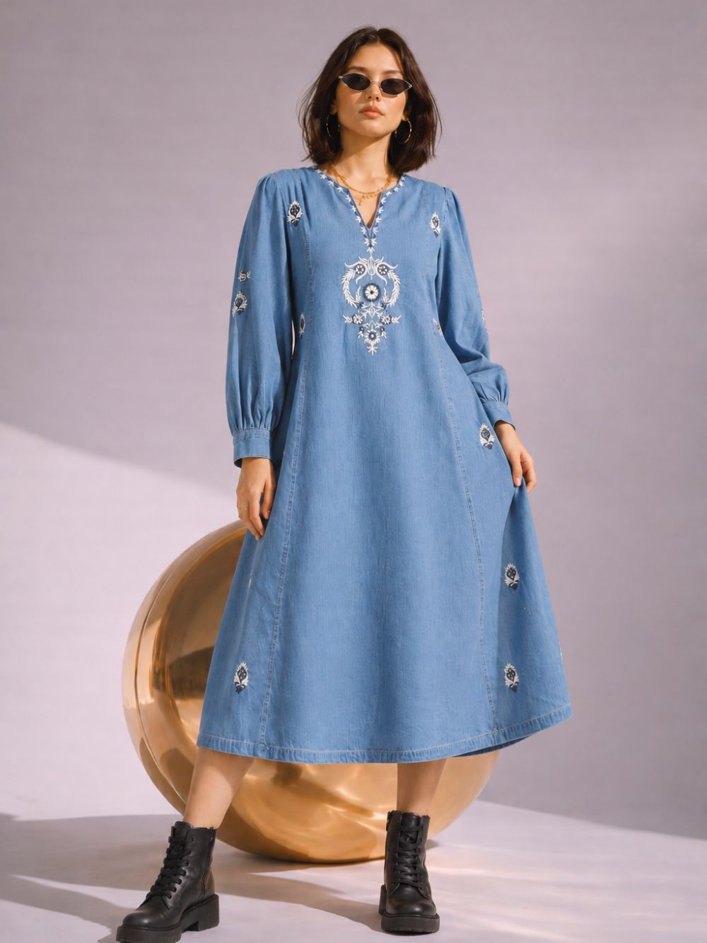 Women’s Blue Floral Embroidered A-Line Denim Midi Dress