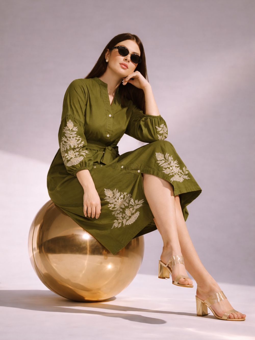Green Cotton Lycra A-Line Dress for Women