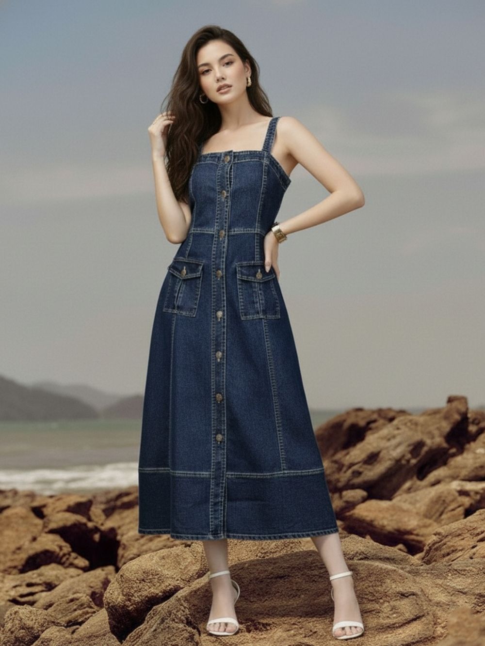 Indigo Shaded Denim A-Line Strap Dress for Women Indigo Shaded Denim A-Line Strap Dress for Women
