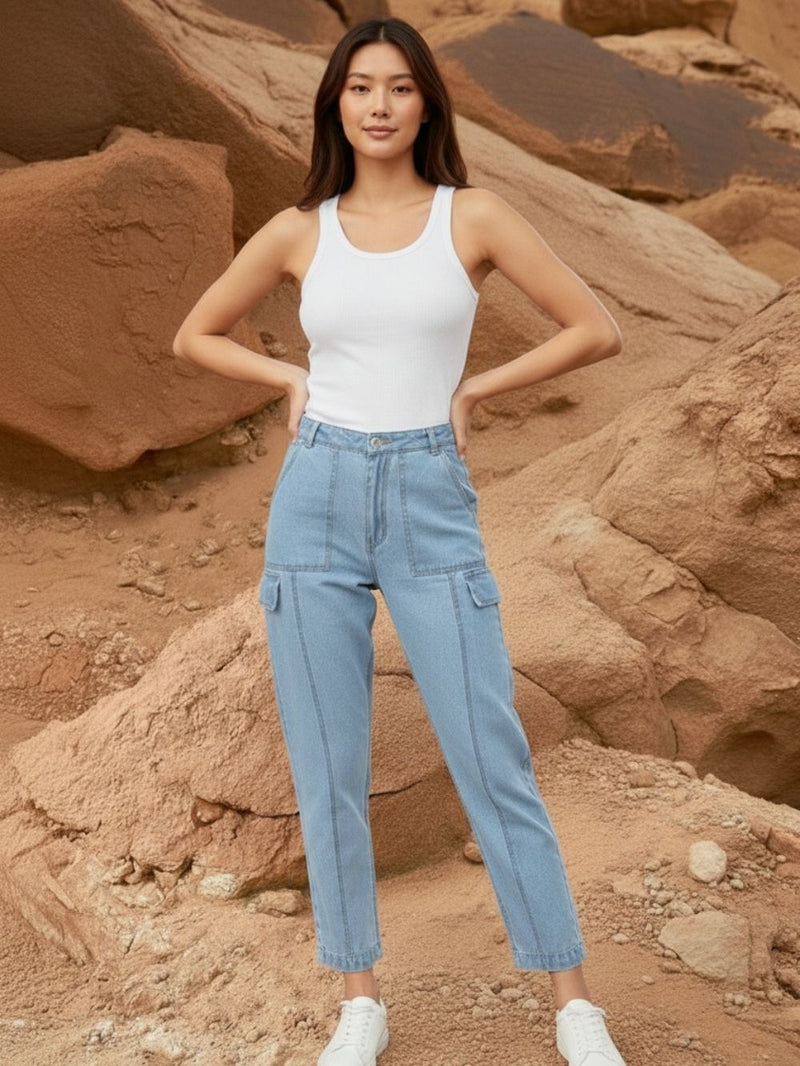 Mid Indigo High-Rise Cargo Jeans for Women