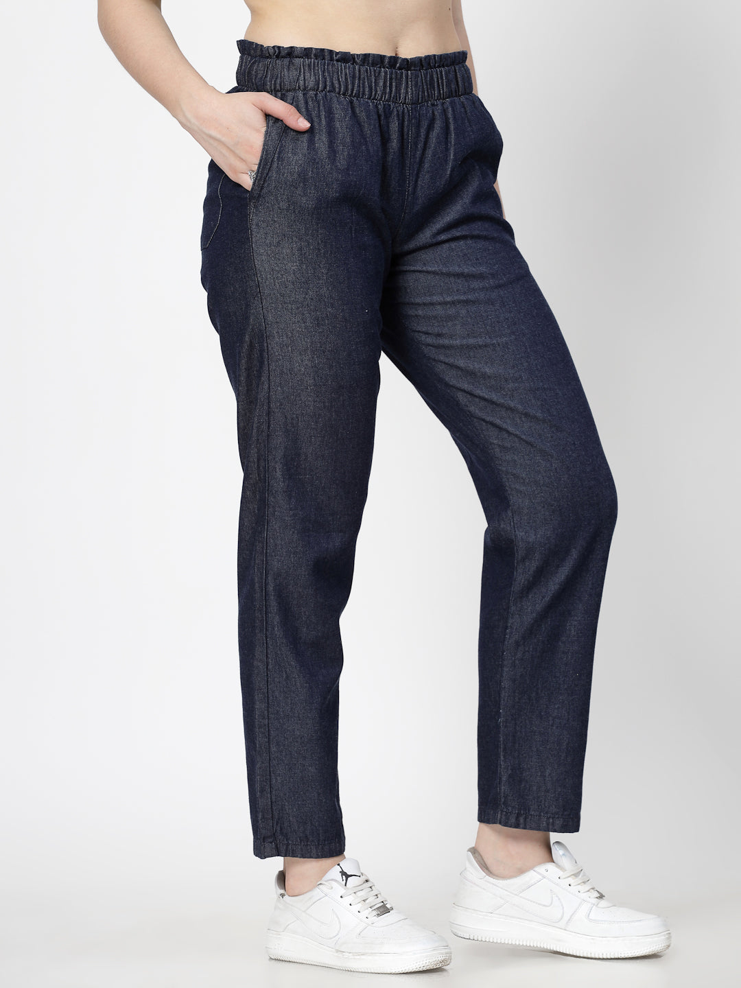 Relaxe Fit Dark Indigo Cotton Denim Jeans For Women - Cosmic Trio