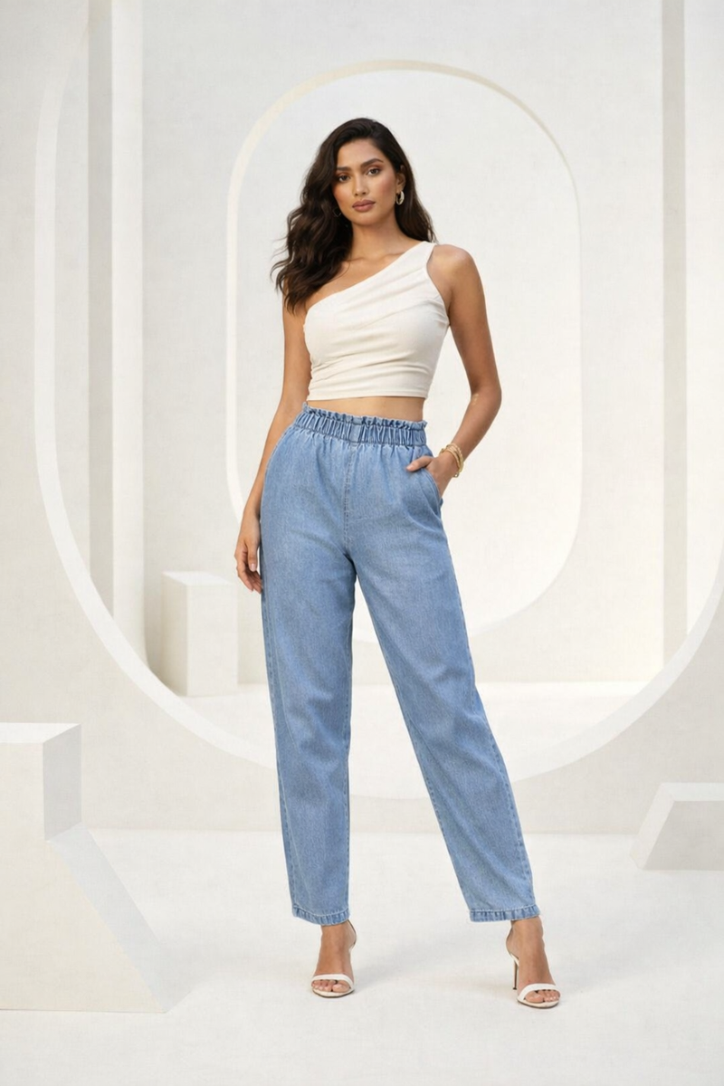 Mid Indigo Denim Jogger Pant for Women – Smart Casual Comfort