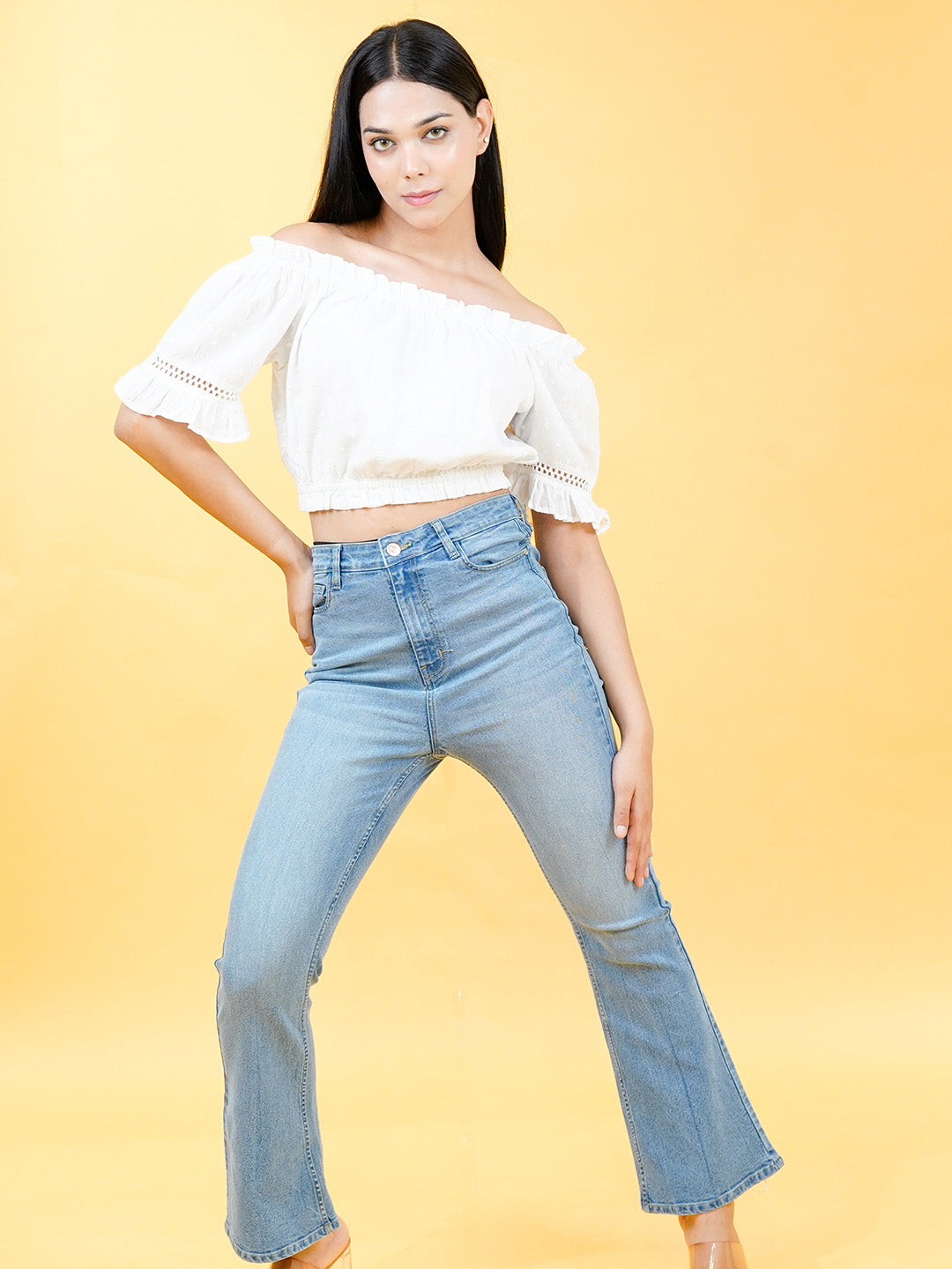 Cotton Crop Top With Lace On Sleeves