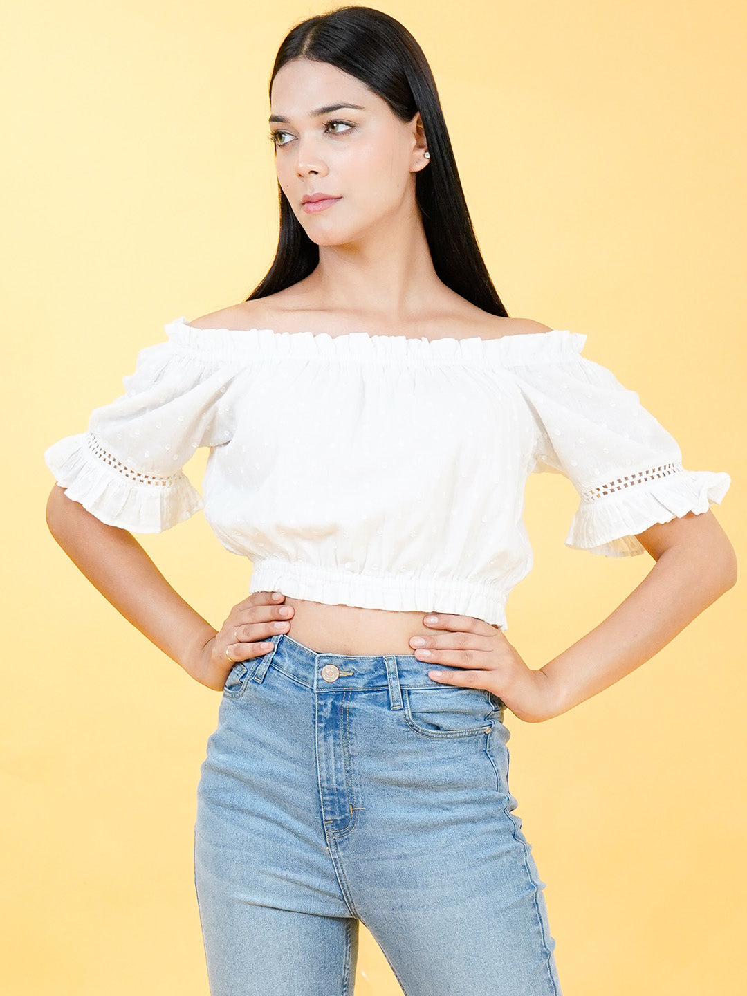 Cotton Crop Top With Lace On Sleeves