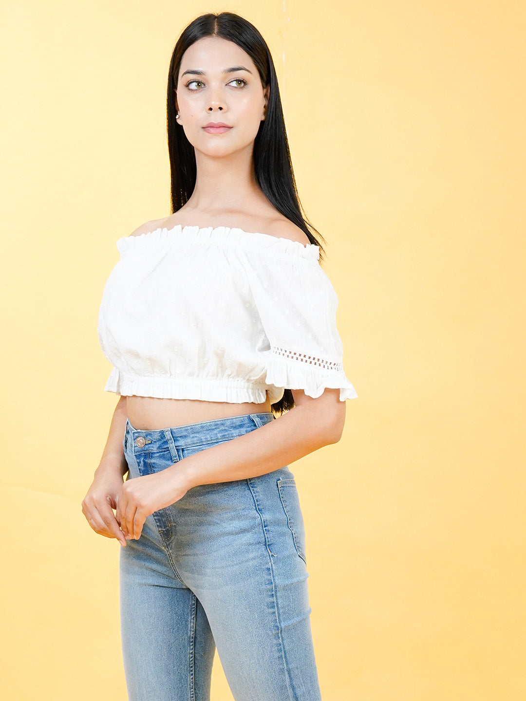 Cotton Crop Top With Lace On Sleeves