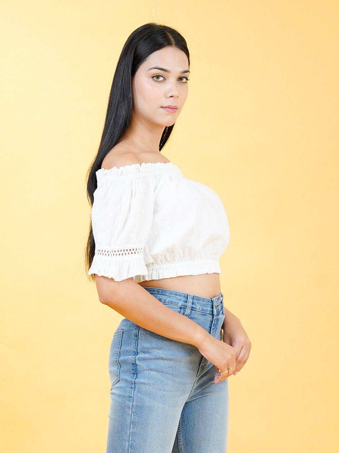 Cotton Crop Top With Lace On Sleeves