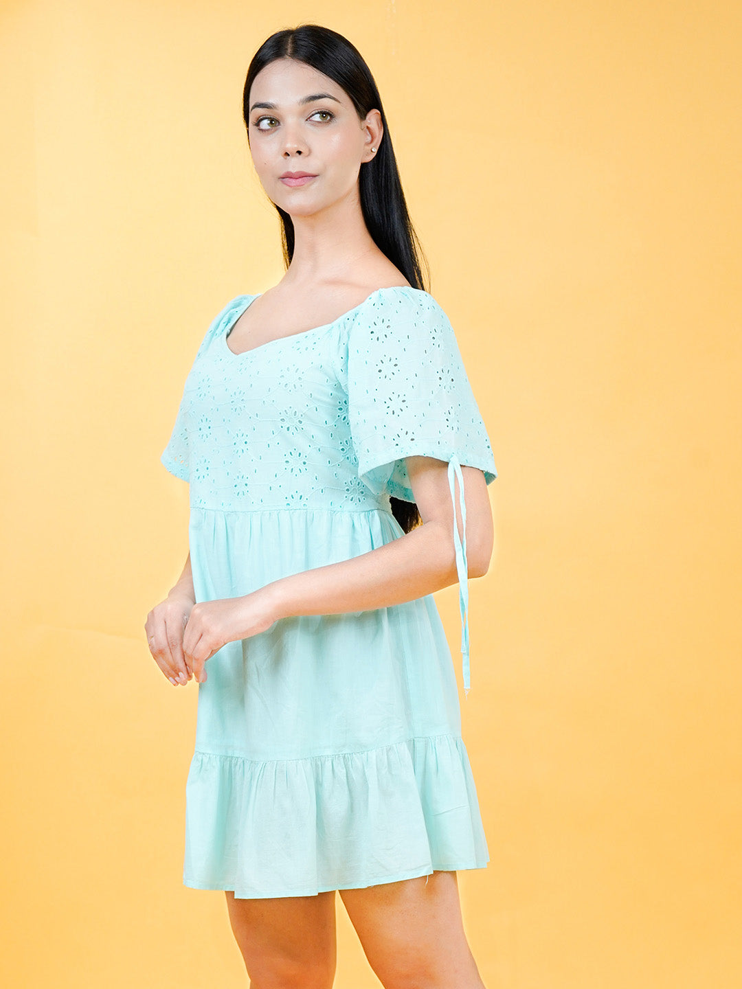 Sweetheart Neck Schiffli Cotton A-Line Dress