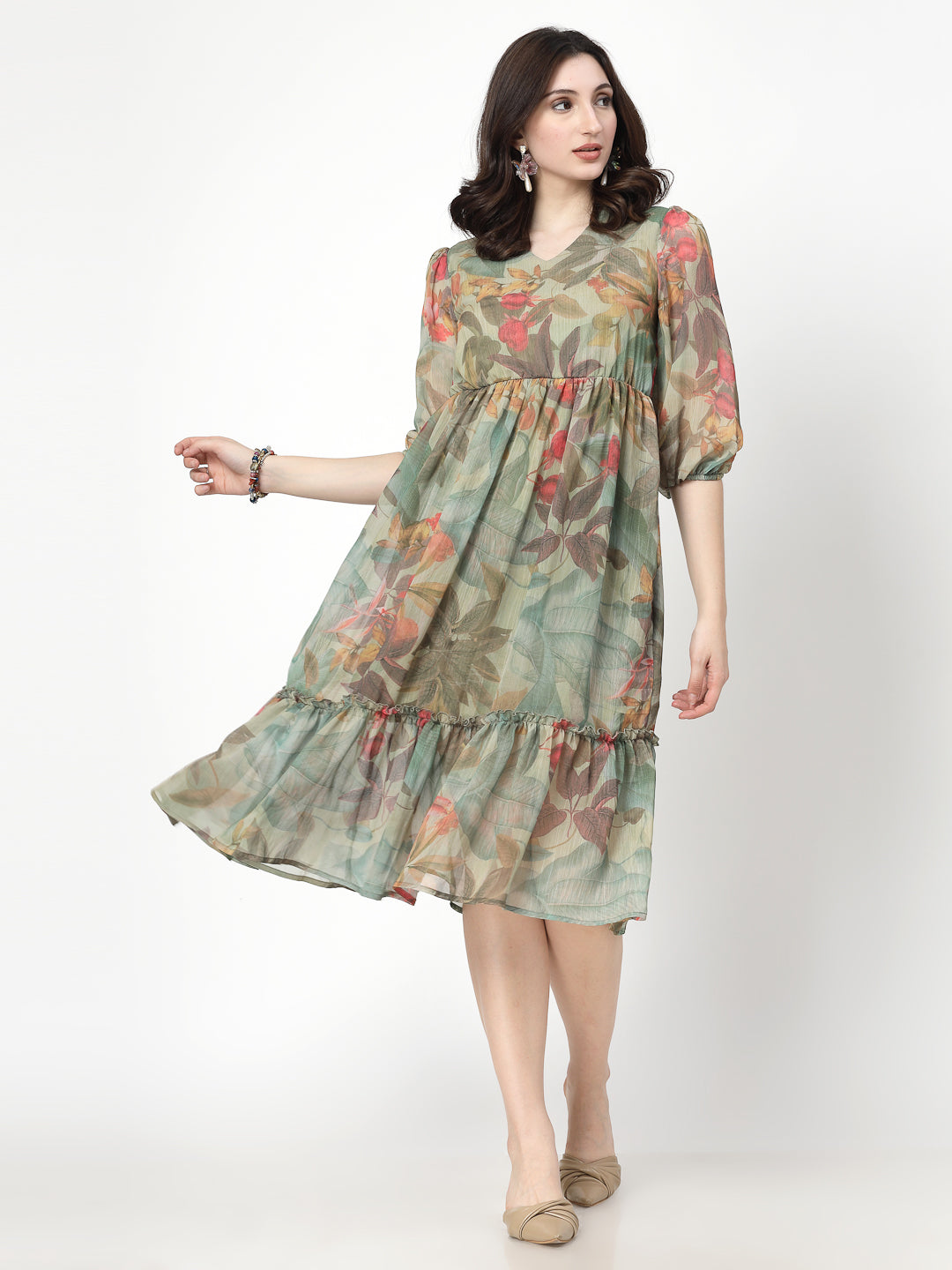 Printed Olive Floral Fit & Flare V Neck Dress For Women - Cosmic Trio
