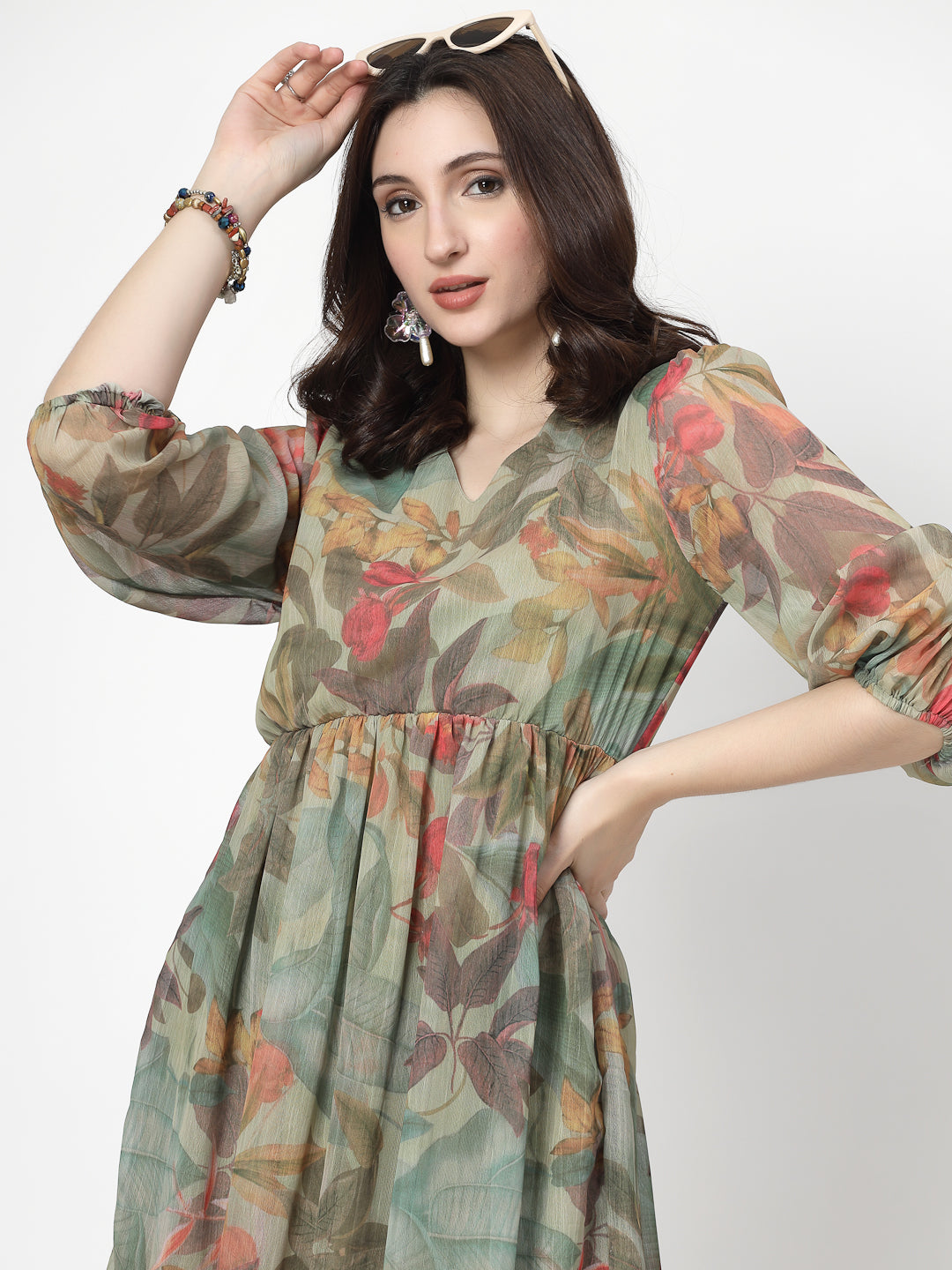 Printed Olive Floral Fit & Flare V Neck Dress For Women - Cosmic Trio