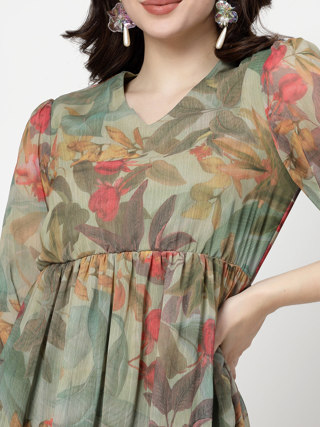 Printed Olive Floral Fit & Flare V Neck Dress For Women - Cosmic Trio