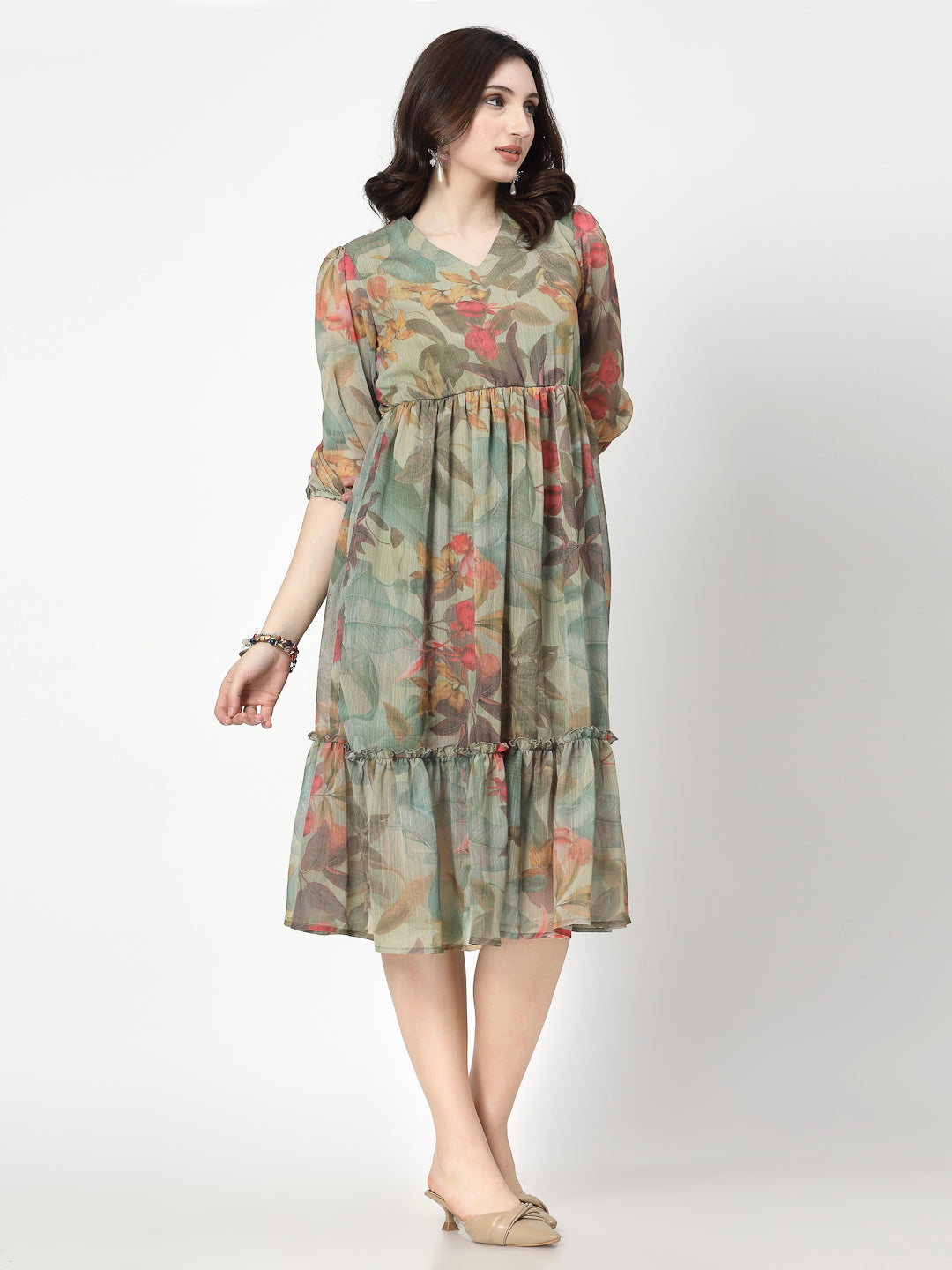 Printed Olive Floral Fit & Flare V Neck Dress For Women - Cosmic Trio