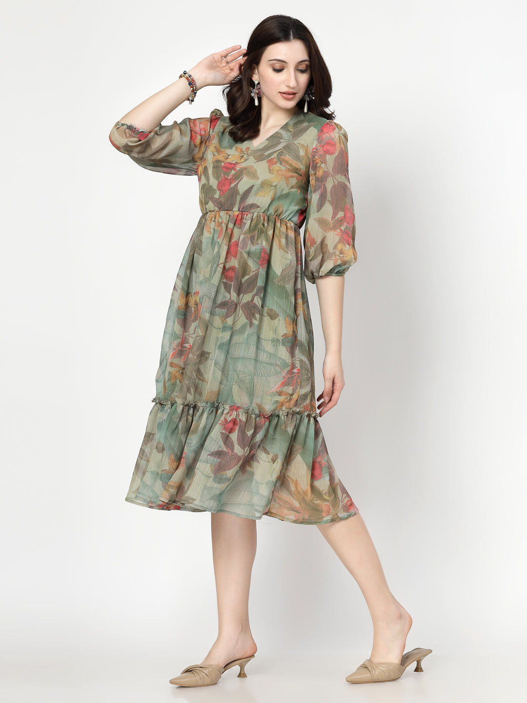 Printed Olive Floral Fit & Flare V Neck Dress For Women - Cosmic Trio