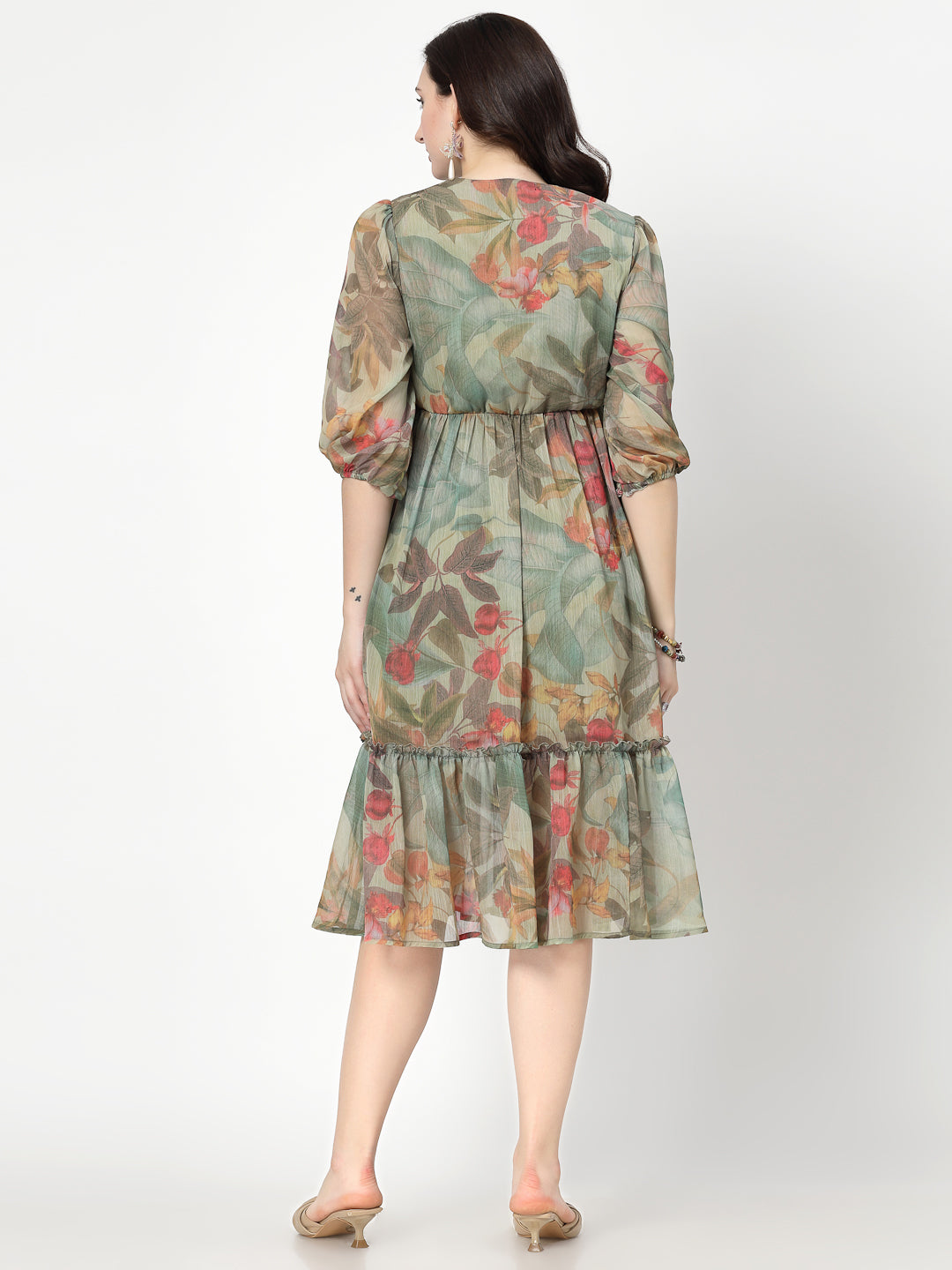 Printed Olive Floral Fit & Flare V Neck Dress For Women - Cosmic Trio