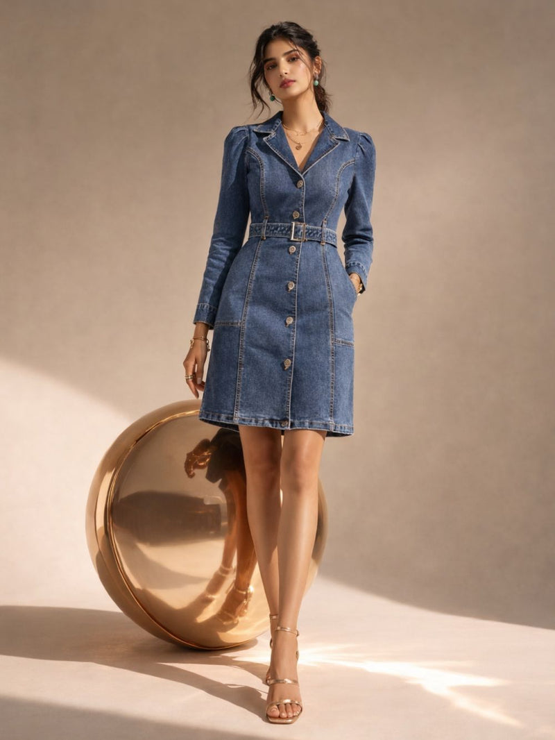 Women Blue Solid Denim Bodycon Belted Button-Down Shirt Dress