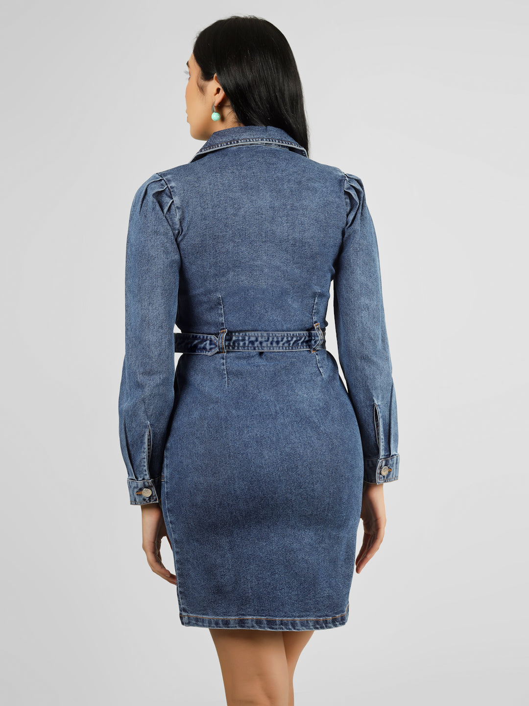 Women Blue Solid Denim Bodycon Belted Button-Down Shirt Dress