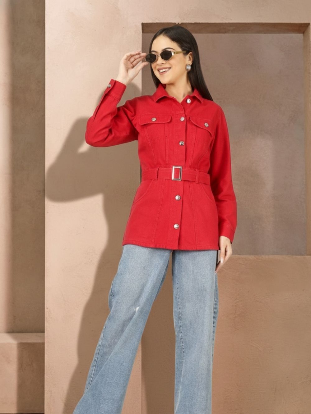 Women Red Denim Short Dress