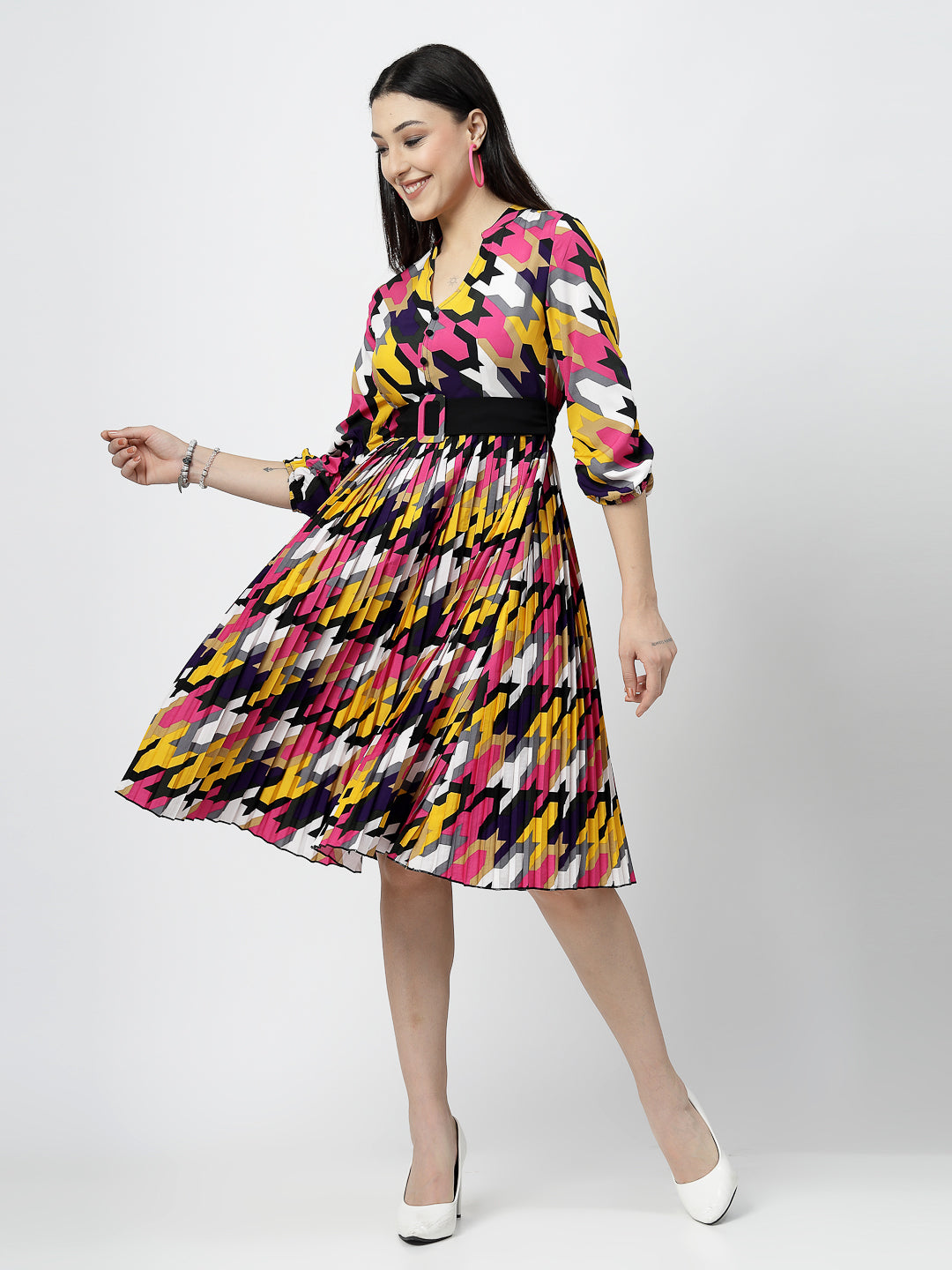 V-neck with Band Collar Multi Print Pleated Midi Dress And Belt - Cosmic Trio