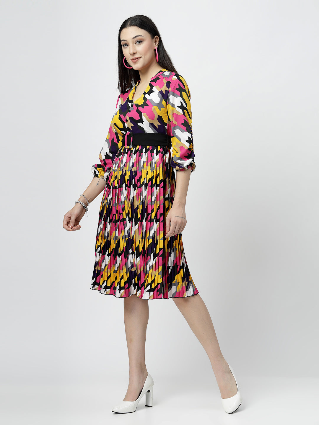 V-neck with Band Collar Multi Print Pleated Midi Dress And Belt - Cosmic Trio