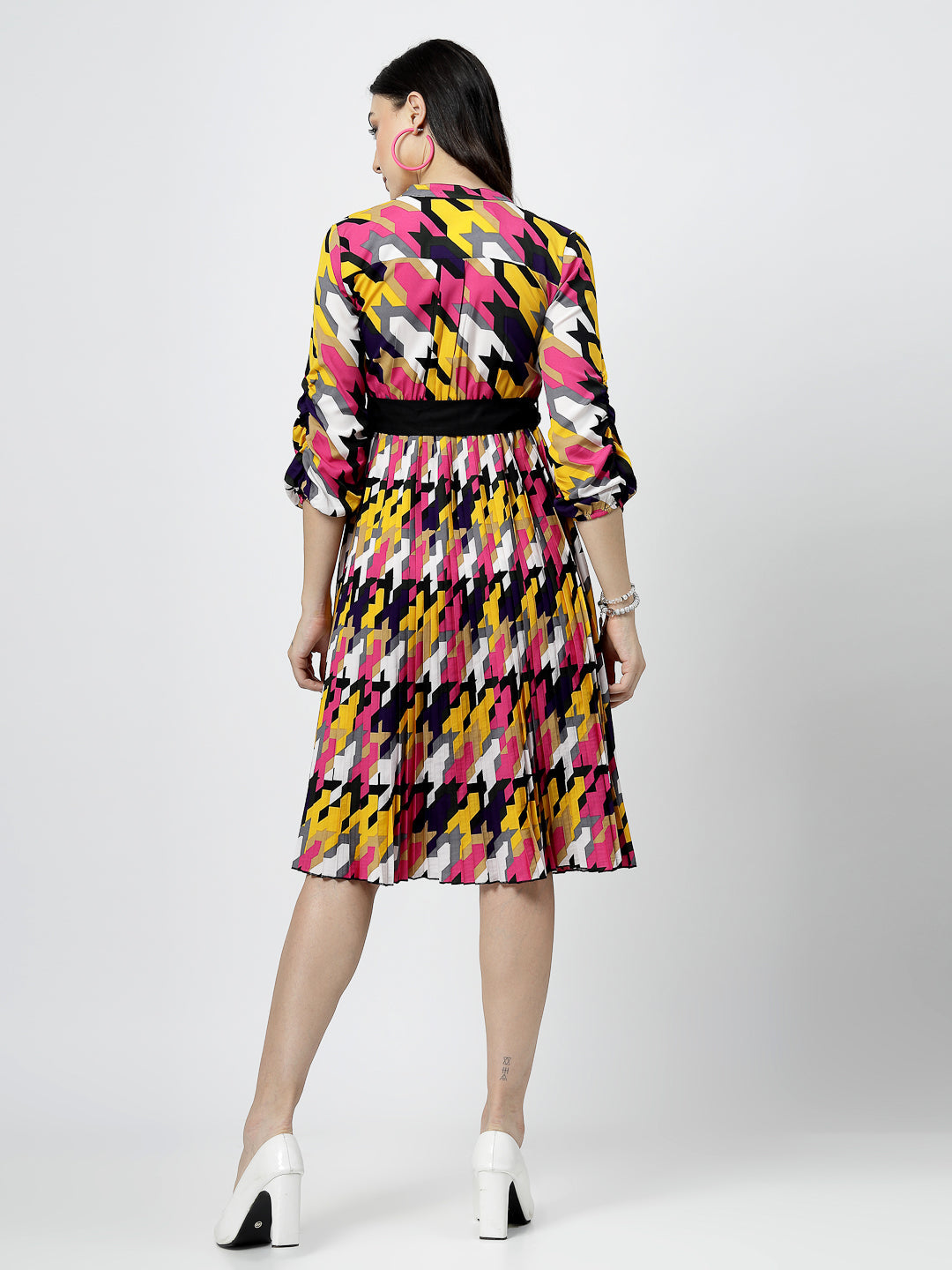 V-neck with Band Collar Multi Print Pleated Midi Dress And Belt - Cosmic Trio