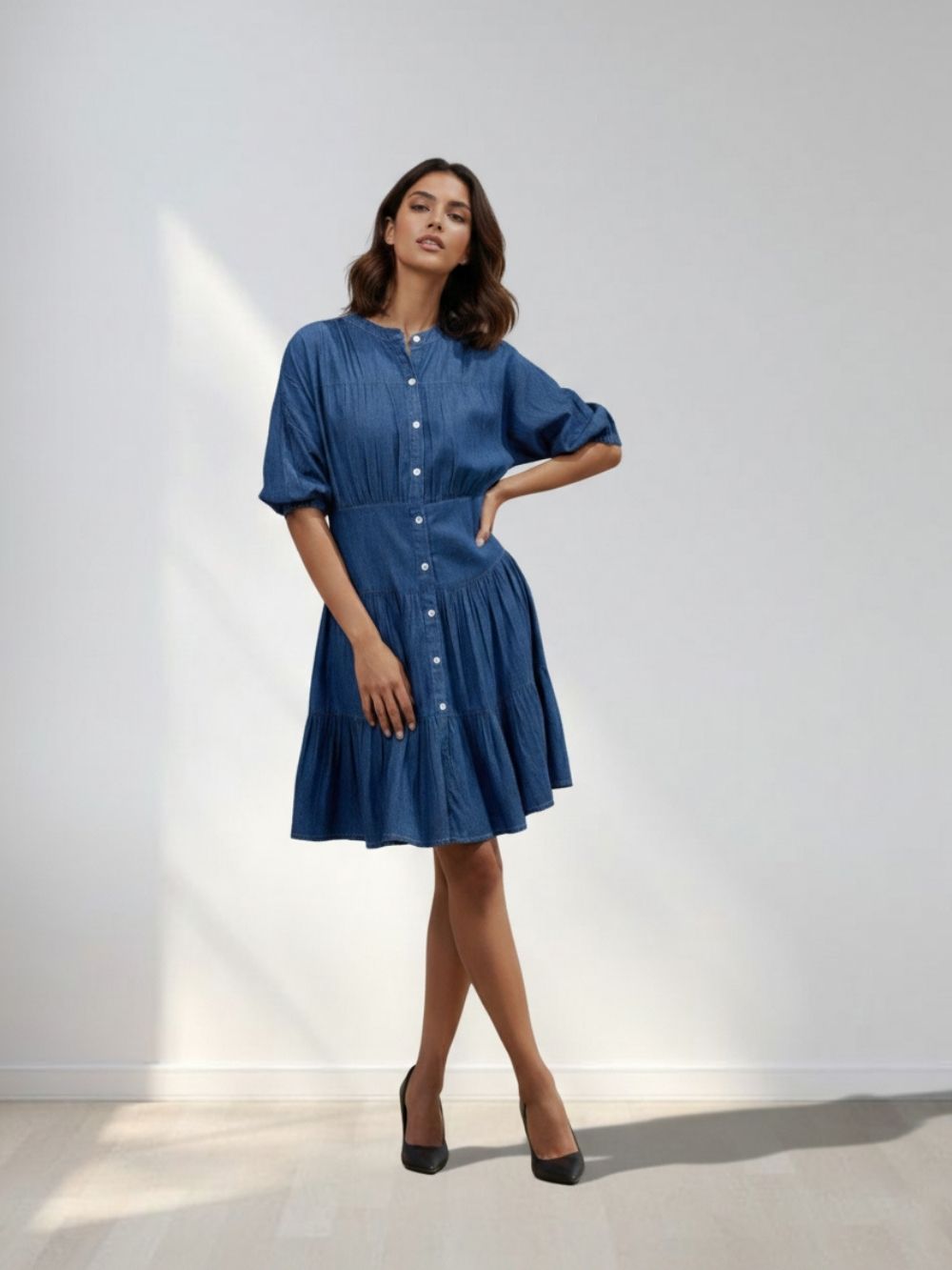 men's athletic cut dress shirts Denim Fit And Flare Mini Dress