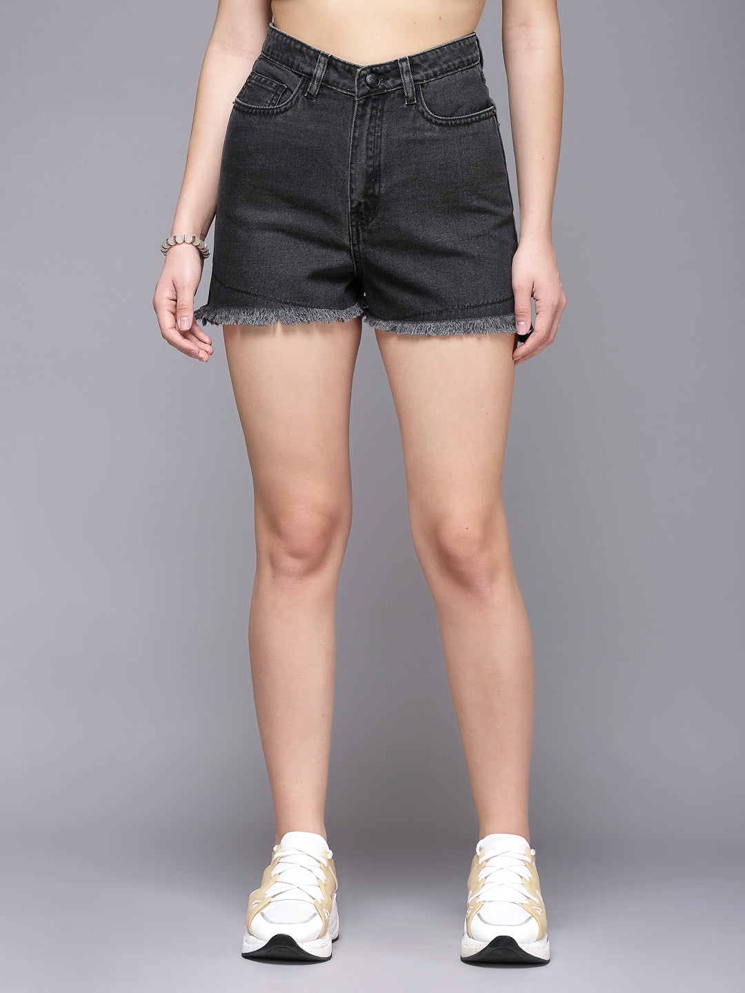 High-Rise Slim Fit Black Cotton Denim Shorts - Cosmic Trio