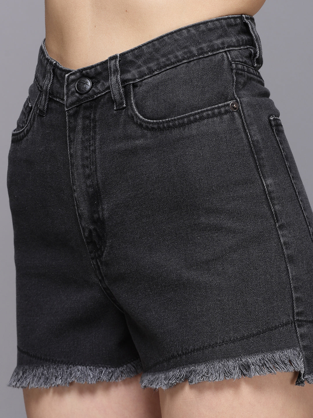 High-Rise Slim Fit Black Cotton Denim Shorts - Cosmic Trio