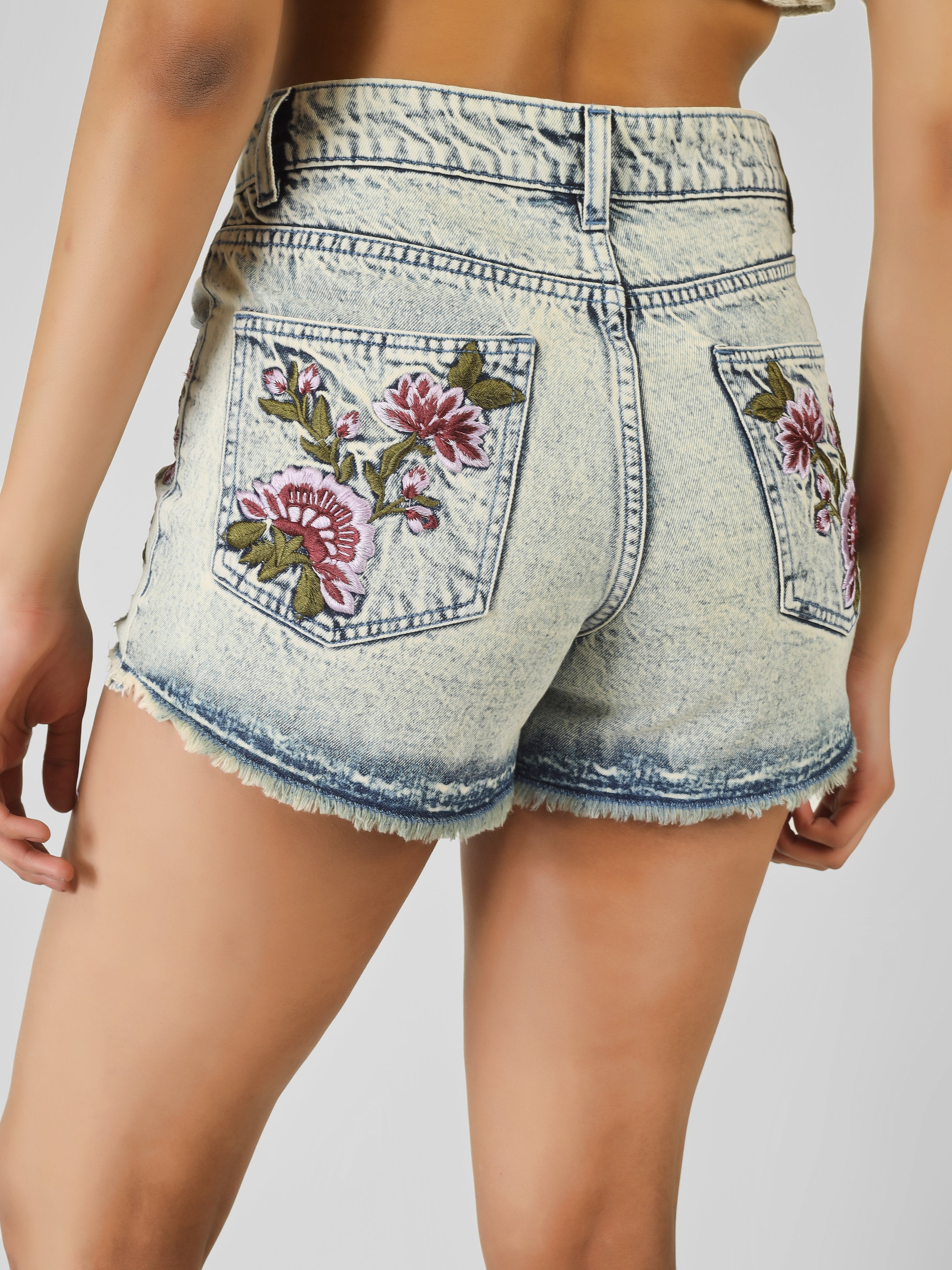Blue Washed Denim Floral Embroidered Frayed Hem Shorts Women