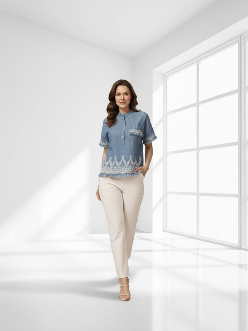 Women Blue Embroidered Denim Shirt