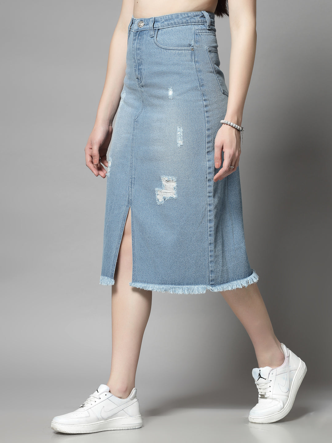 Women’s Knee Length Distressed Denim Skirt - Cosmic Trio