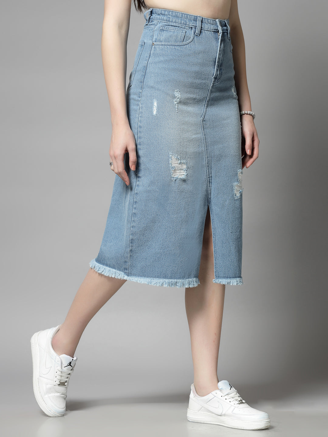 Women’s Knee Length Distressed Denim Skirt - Cosmic Trio