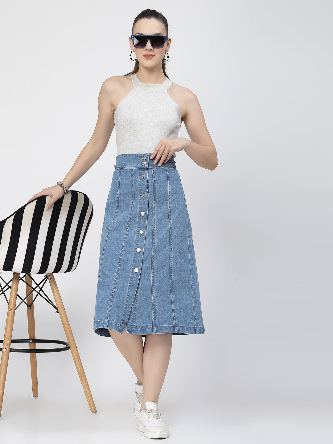 Light Blue Denim Skirt For Women - Cosmic Trio