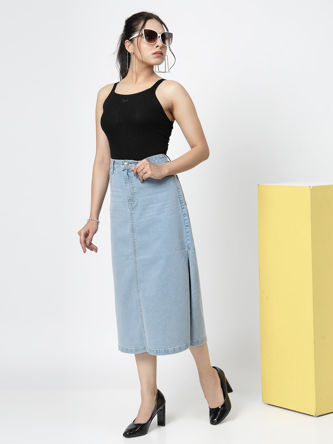 Light Indigo Denim Skirt For Women - Cosmic Trio