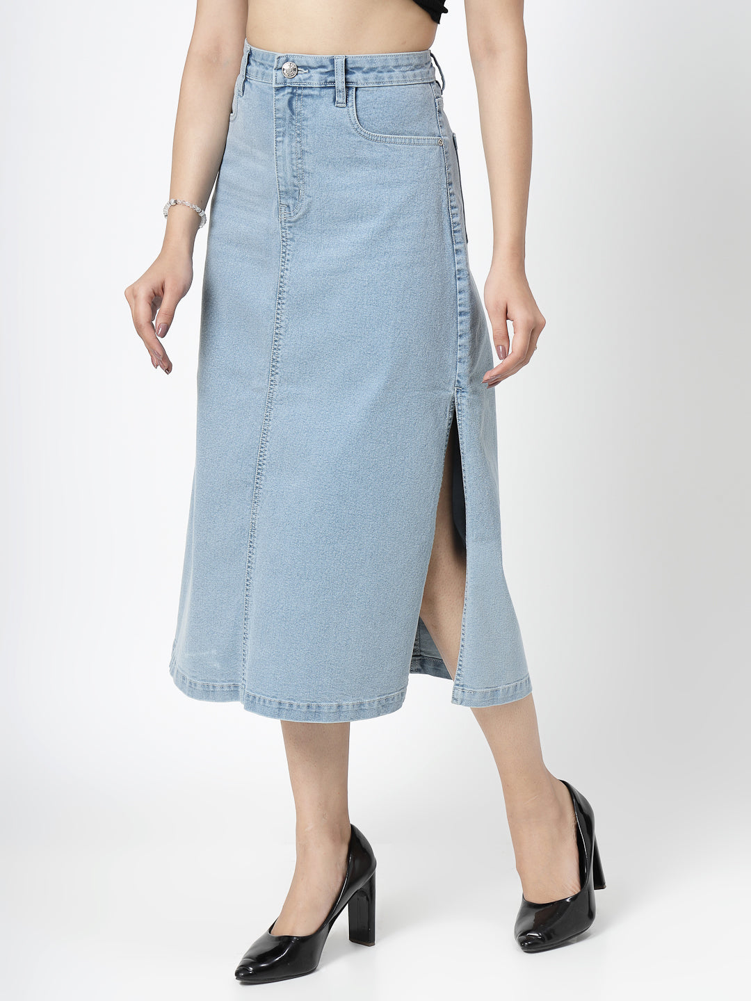 Light Indigo Denim Skirt For Women - Cosmic Trio