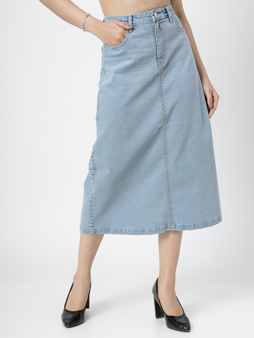 Light Indigo Denim Skirt For Women - Cosmic Trio