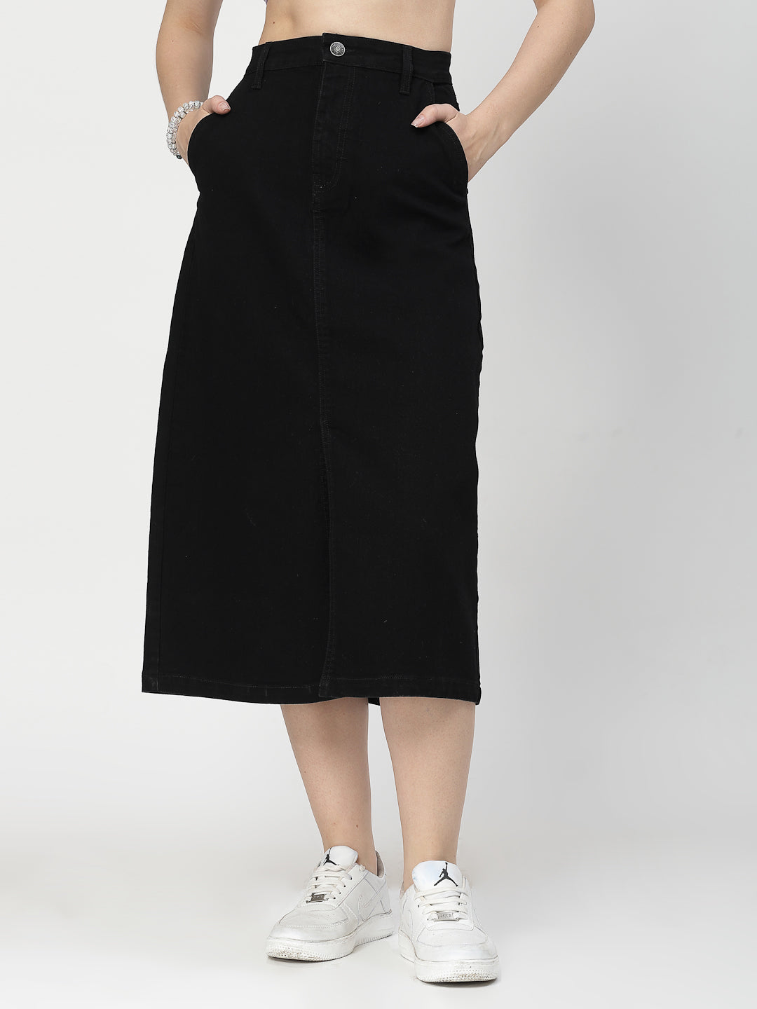 Front Slit Black Cotton Denim Midi Skirt With Pocket - Cosmic Trio