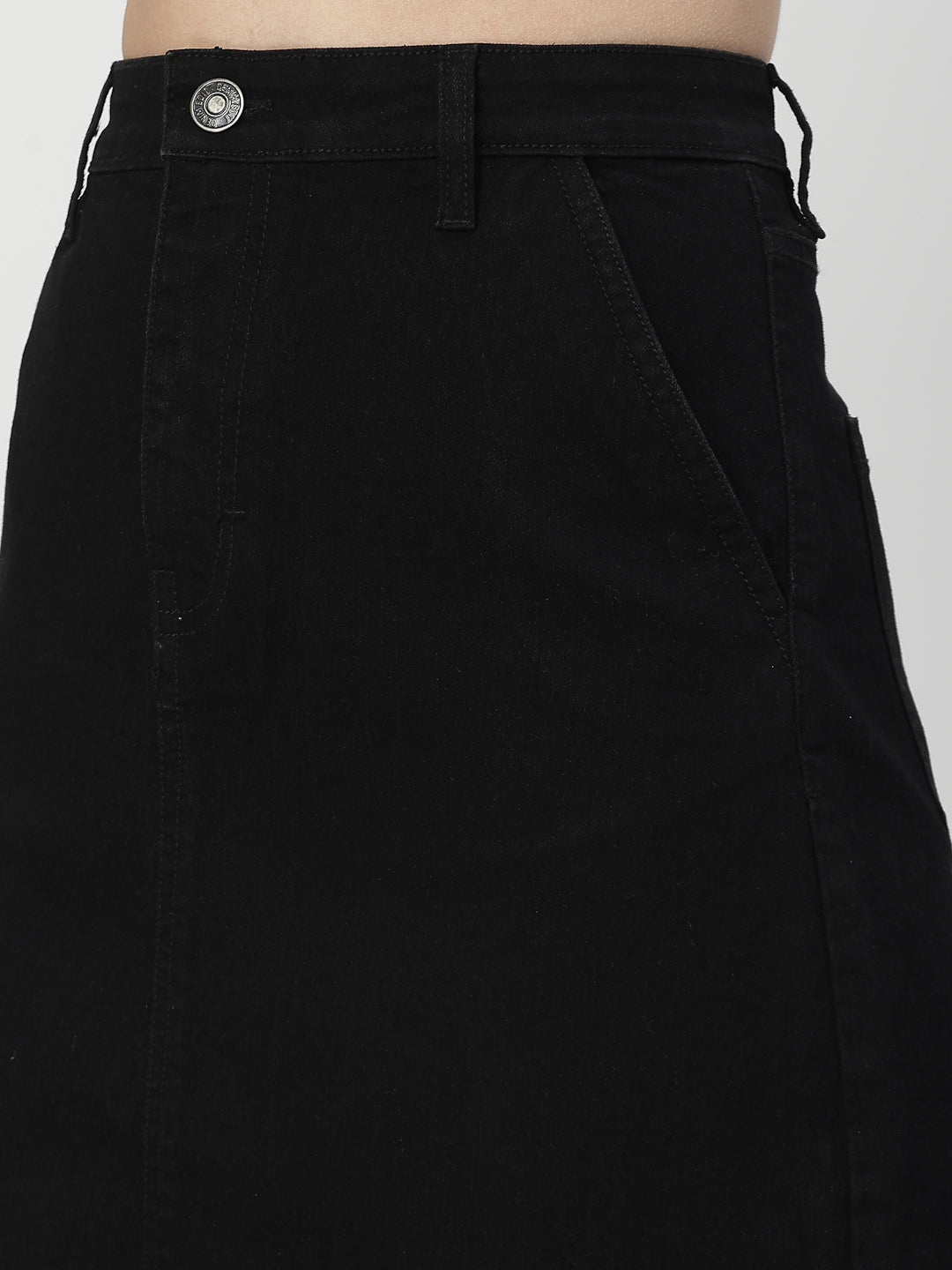 Front Slit Black Cotton Denim Midi Skirt With Pocket - Cosmic Trio