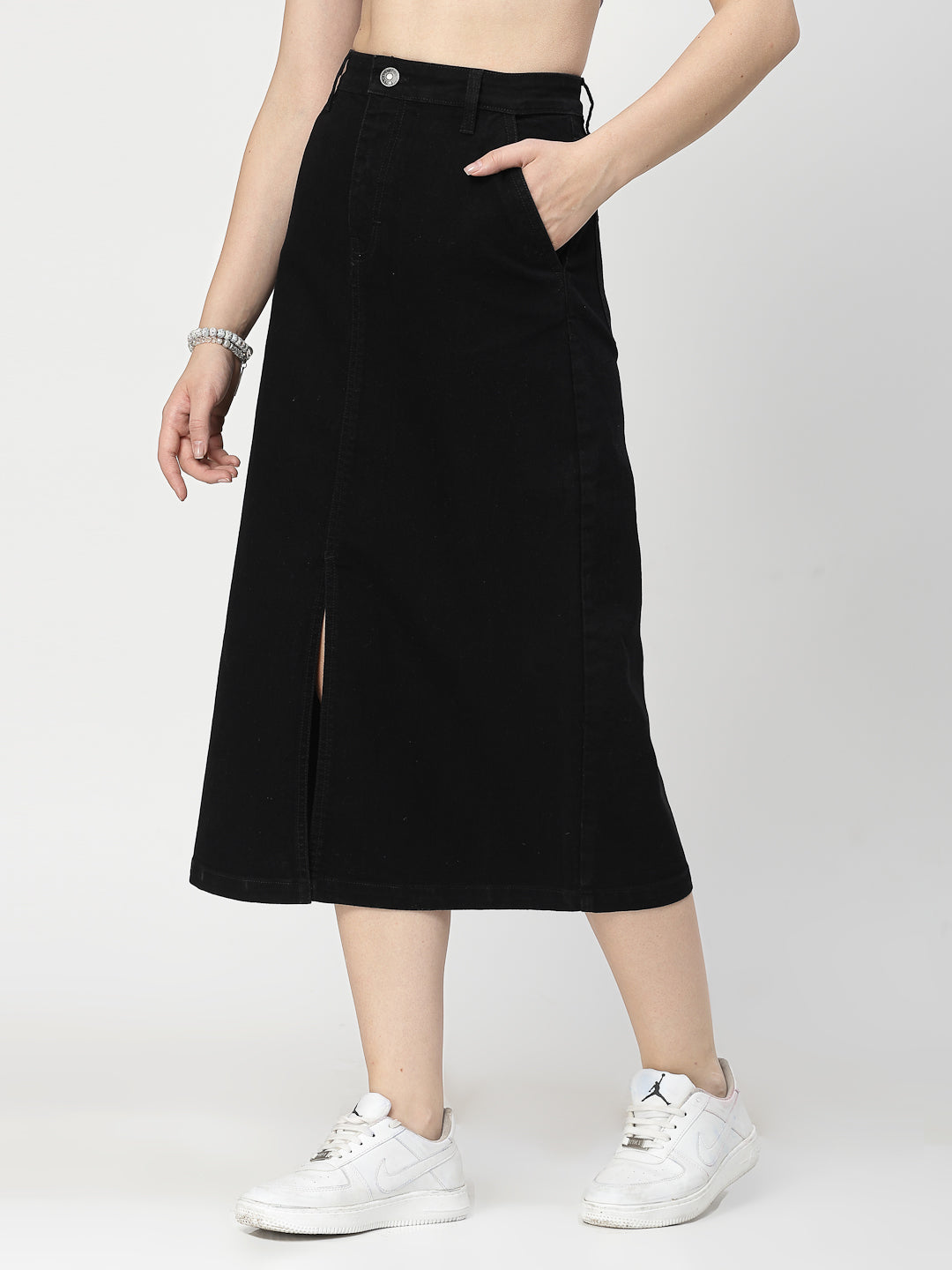 Front Slit Black Cotton Denim Midi Skirt With Pocket - Cosmic Trio