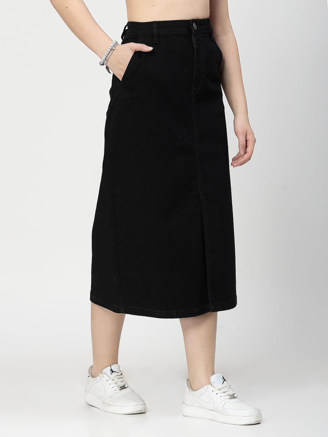Front Slit Black Cotton Denim Midi Skirt With Pocket - Cosmic Trio