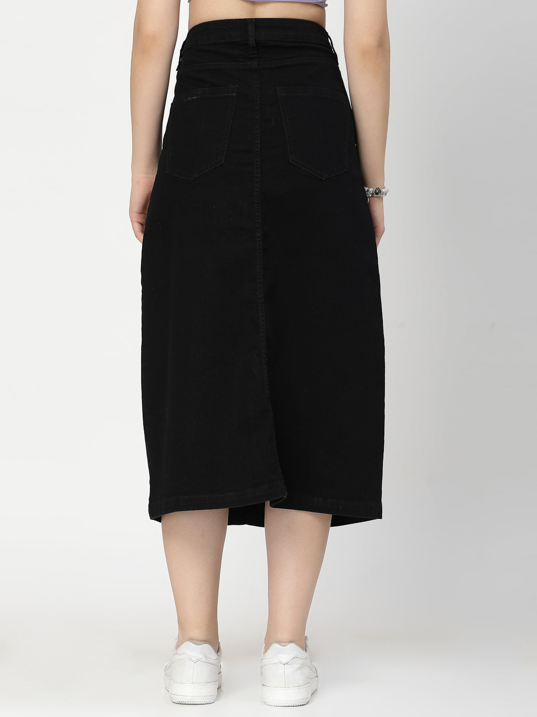 Front Slit Black Cotton Denim Midi Skirt With Pocket - Cosmic Trio