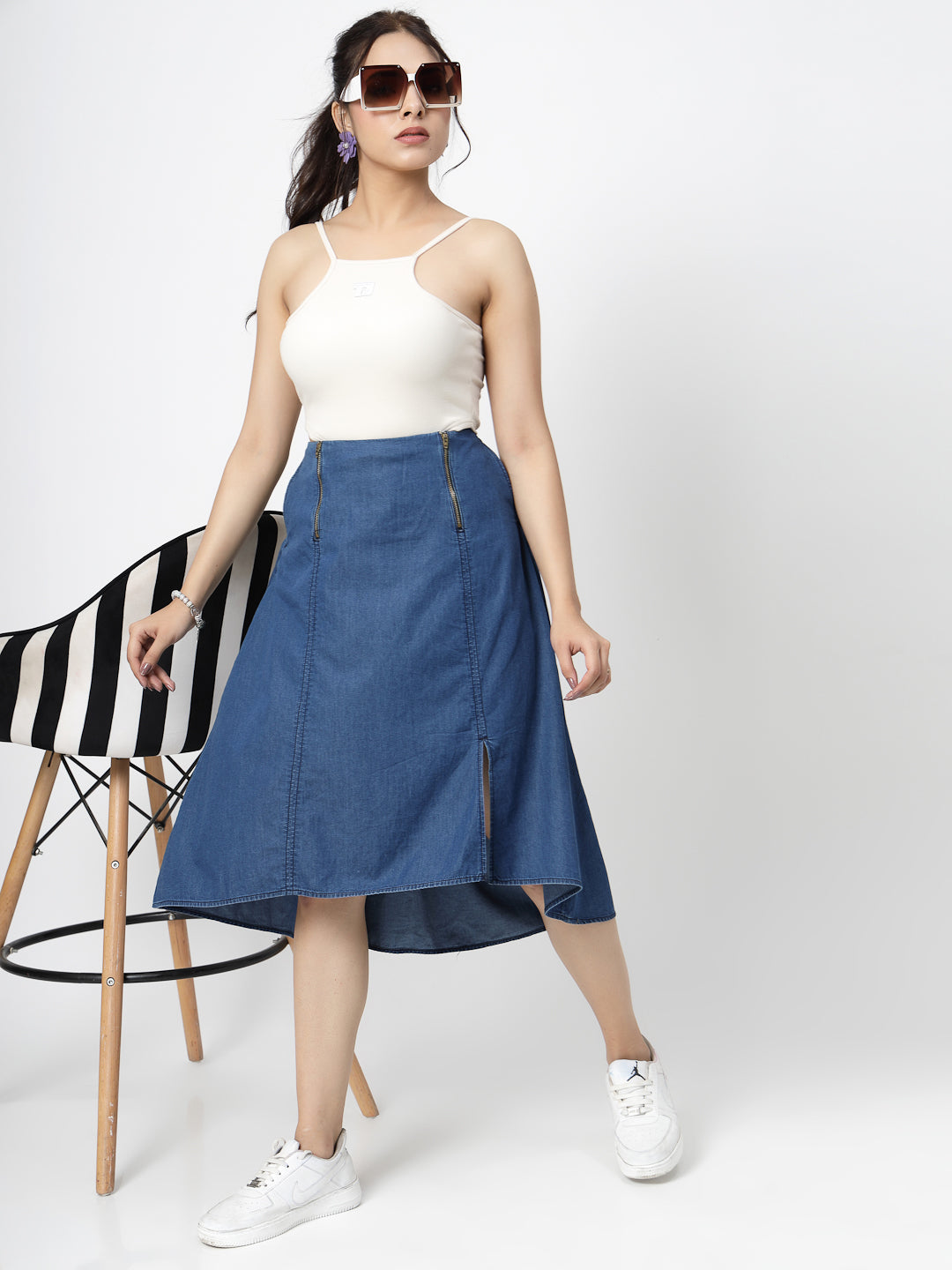 Blue Solid Denim Midi Skirt with Zippers and Waist Smoking - Cosmic Trio